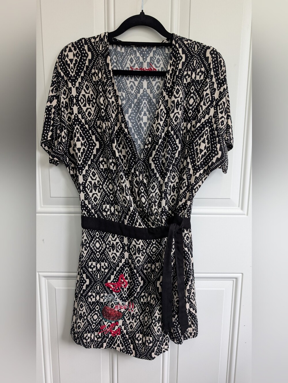 Desigual Geometric Aztec Wrap Jumpsuit Romper with Sequined Embroidery